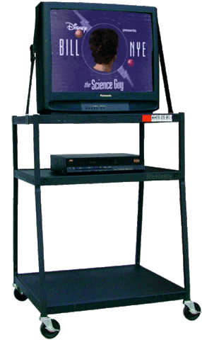 An oldschool tv stand with Bill Nye playing