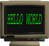 a computer screen that says 'hello world'