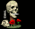 a skull with roses and the word 'email'. the skull tosses an envelope out of its mouth.
