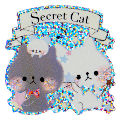 a holographic sticker of two cats that says 'secret cat'