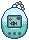 blue tamagotchi with a pixelated fish in it
